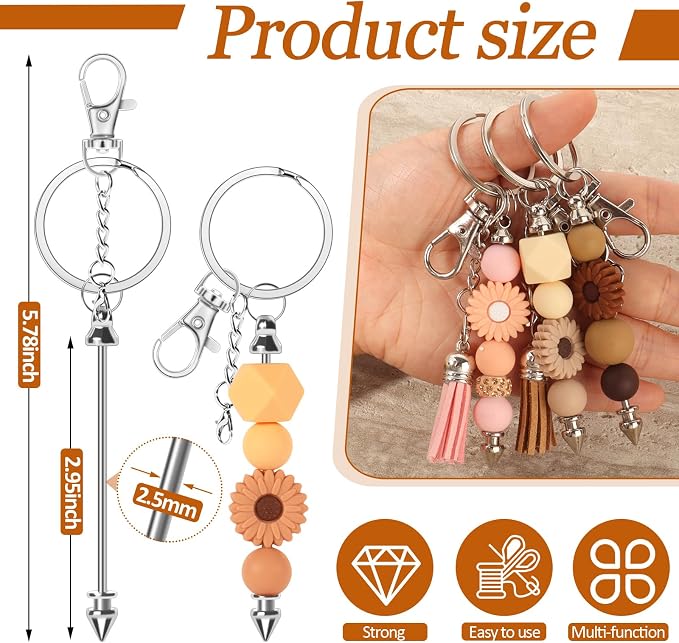 30 Pack Beadable Keychains Bars DIY Blank Beadable Keychains Metal Beaded Keychain Sliver Beads Keychain Making Kit for DIY Crafts Supplies Jewelry Making Gift