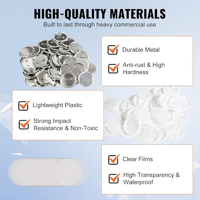 VEVOR 500 Sets 2.25 inch 58mm Pin Back Button Parts for Button Maker Machine, DIY Round Button Badge Parts, Set Includes Metal Top, Plastic/Metal Button, Clear Film, and Blank Paper For Gifts Presents