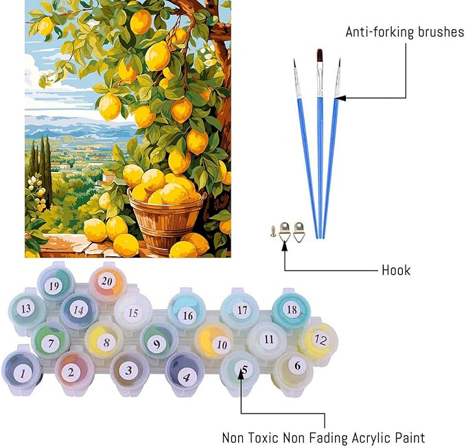 Clendo Lemon Paint by Numbers Kits for Adults, DIY Lemon Tree Adult Paint by Number Kits on Canvas, Digital Oil Number Painting for Home Decor (16x20 Inch)
