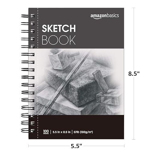 Amazon Basics Sketch Pad for Artists, Drawing Paper, Spiral Bound, Acid Free, 67 lb. / 100 gsm, 100 Sheets, 5.5"x8.5", White