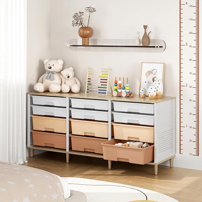 TOOLF 12 Drawers Storage Cabinet with Wooden Top and Plastic Bins,Brown | Toy Shelf Storage Chest Cubby Organizer, for Home, Office, Playroom, Classroom & Craft Room