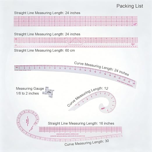Sewing Rulers,Clear Metric French Curve Sewing Rulers Set for Pattern Making Drafting,Quilting,Clear Plastic Fashion Designer Ruler Kit in Inches， 6PCS