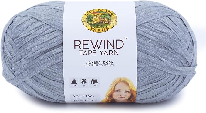 Lion Brand Yarn, Rewind Bulky Flat Tape Yarn for Crochet, Knitting and Crafts, Arctic Ice, 1 Pack, Soft Fiber for Bags, Summer Hats, and Shawls, Medium Grey