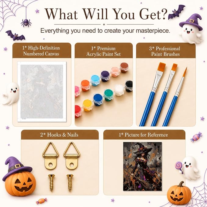 TELMOXA Halloween Paint by Numbers Kit for Adults, 16x16 in | Witch Adult Paint by Number Kits, Acrylic Oil Painting, Colored Canvas, Painting Kit, DIY Craft Kits, Gifts, Home Wall Decor