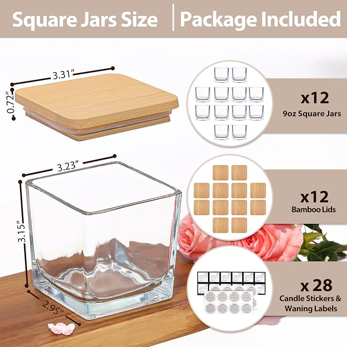 CONNOO 12 Pack 9oz Clear Glass Square Candle Jars with Bamboo Lids