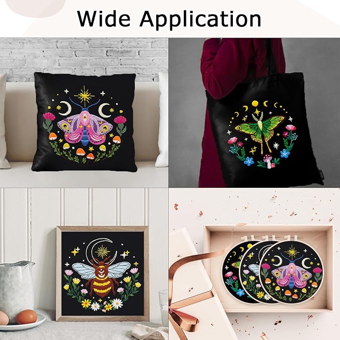 Nuberlic 3 Pack Embroidery Kit for Beginners, Moth and Bee Patterns