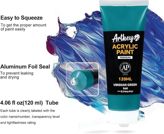 Artkey Acrylic Paint Set - 8 Colors (120 ml/4.06 oz) Tubes, Rich & Vibrant Pigments, Professional Artists Acrylic Paints - Art Supplies for Canvas Wood Rock Clay Fabric Ceramics Art Crafts Painting