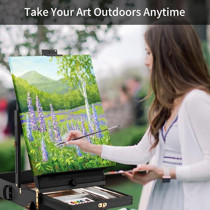 Falling in Art 4 Legs Portable Beechwood French Easel, Black | Plein Air Easel with Bigger Storage Drawer, Full Size Sketchbox Travel Easel for Painting, Drawing, Artwork