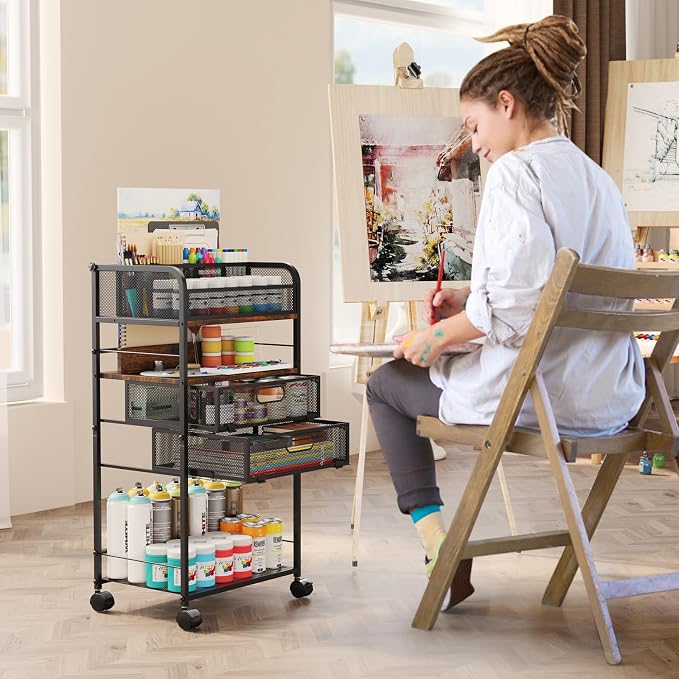 Homsorout Art cart, 5 Tier Rolling Cart - Utility Cart with Storage Drawer and Wheels, Versatile Art & Craft Organizer for Home, Office, or Studio Ideal for Storing Brushes, Paints