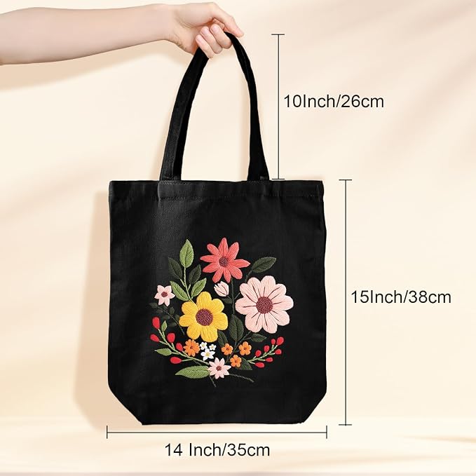 Louise Maelys Halloween Embroidery Kit Canvas Tote Bag with Flower Pattern