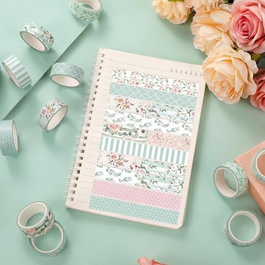12 Rolls Floral Washi Tape Set,Pink and Green,Spring | Watercolor Flowers Design for Scrapbook Journal DIY Craft School Supplies, 15 mm Vintage Decorative Masking Washi Tapes