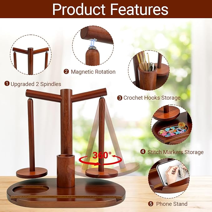 Lemosyu Wooden Yarn Holder for Crocheting, Magnetic Rotating Yarn Spinner | 360°Rotation, 2 Spindles, Phone Stand, Crochet Accessories Organizer for Knitting, Gift for Knitters Women Mom Grandma Wife