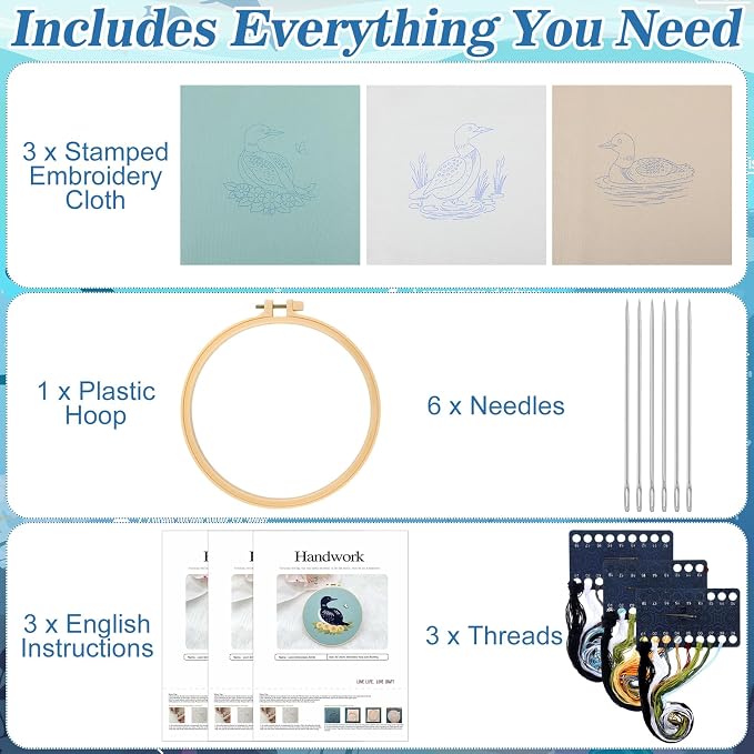 Mindsoft 3 Set Needlepoint Kit for Beginners with Hoop,Loon | Bamboo Hoop Thread Needles Instructions, Easy Hand Embroidery for Beginners Home Crafts,Pre-stamped Funny Cute Designs