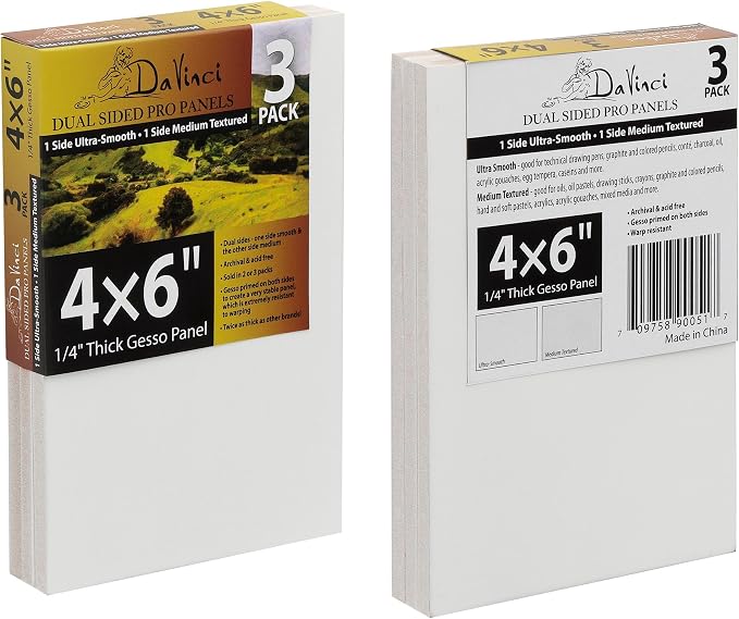 Jerry's Artarama Da Vinci Dual Sided Pro Panel Board - 3-Pack, 4x6" 6mm Deep Panels for Painting - Archival, Acid-Free Art Supplies - Ultra-Smooth & Medium Textured Paint Surfaces