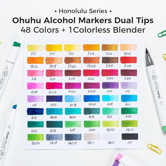 Ohuhu Alcohol Markers 48 Colors Brush& Chisel for Adults Cozy Coloring | Refillable AP Certified Art Marker Set for Artists Beginner Drawing Illustration Sketching, Dual Tips Alcohol-based, Honolulu