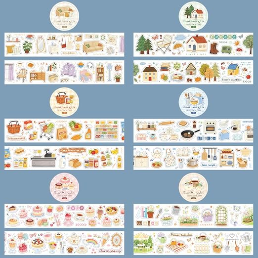 6 Rolls Home Daily Life Die-cut Washi Tape Stickers Decorative Washi Tape