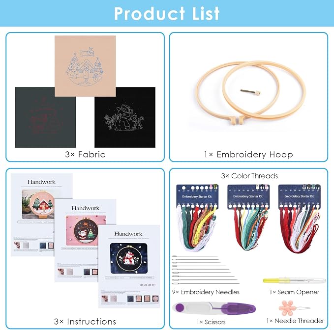 ERKOON 3 Sets Embroidery Kit for Beginners, Christmas Cross Stitch Set with Easy Pattern Embroidery Cloth Hoops Threads for Craft Lover Hand Stitch