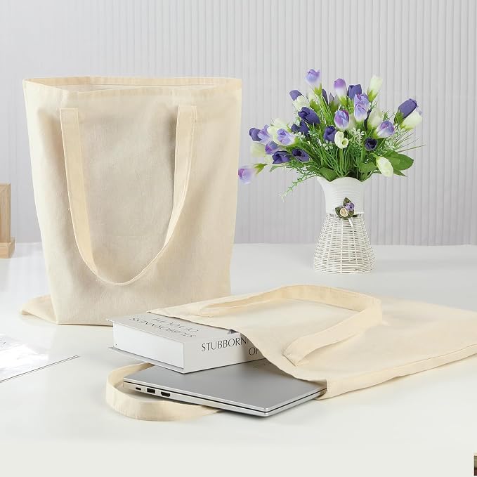 Carbrea 24 Pack Thin Canvas Tote Bags Bulk, Reusable Grocery Bags - Beige | Lightweight, 5oz Natural Canvas, Reinforced Stitches, Blank Design, Ideal for Shopping DIY Sublimation Activity Gift