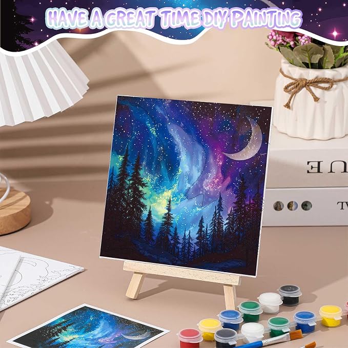 Tenceur 12 Sets Pre Drawn Canvas to Paint Adult Stretched Coloring Painting Canvas Panels with Design Easel and Brushes for Party Supplies Beginner Favor(Starry Aurora)