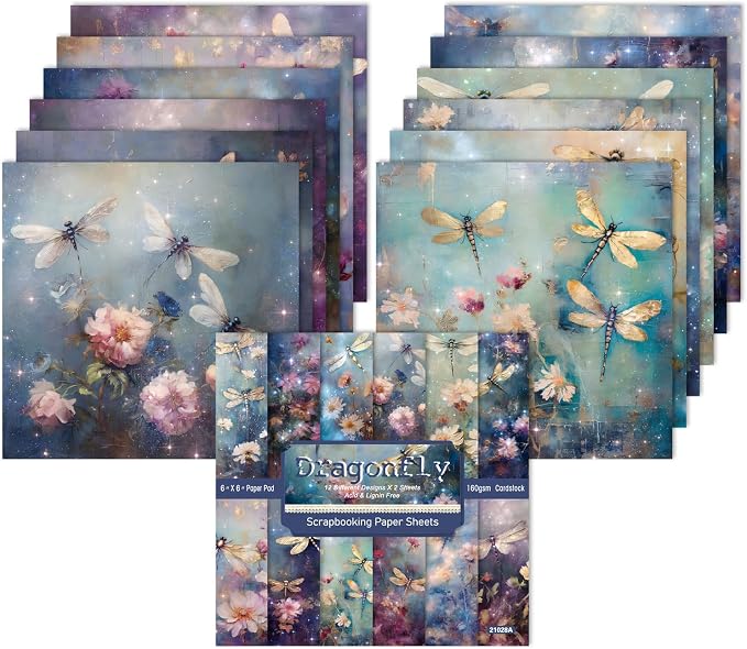 6 x 6 In Dragonfly Scrapbooking Paper Pad, 24 Sheets Floral Pattern Design Cardstock Decorative Decoupage for Photo Album Card Making Folded Supplies Gift Wrapping Junk Journals Crafts