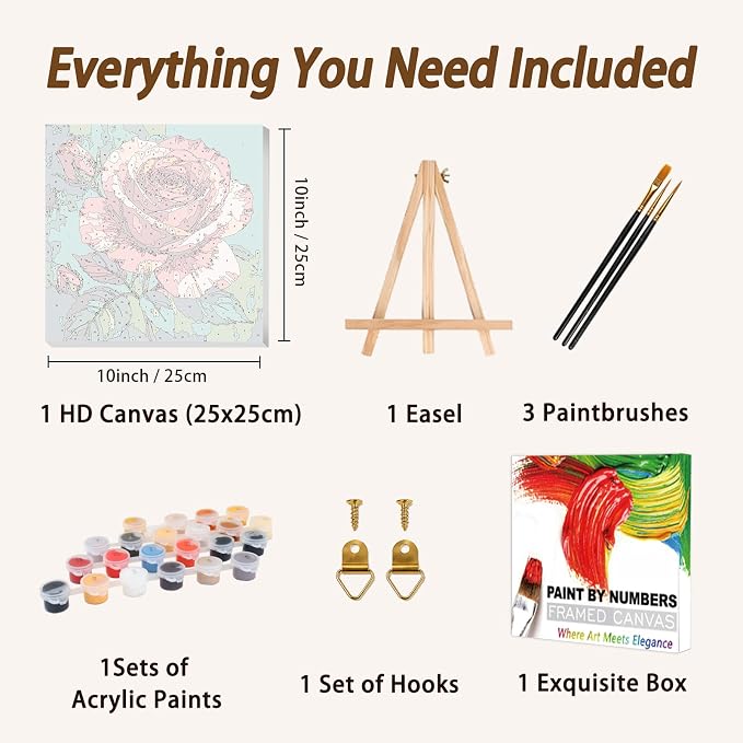 AUKELHJ Framed Paint by Numbers Kit for Adults, Rose, 10x10 inch