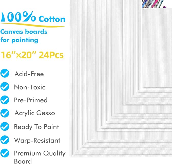 Gotideal Canvas Boards for Painting, 24pcs 16x20 Primed Canvas for Painting | Bulk Painting Canvas for Kids and Adults, White Blank Canvas Panels for Acrylic, Oil, Pour Art Supplies