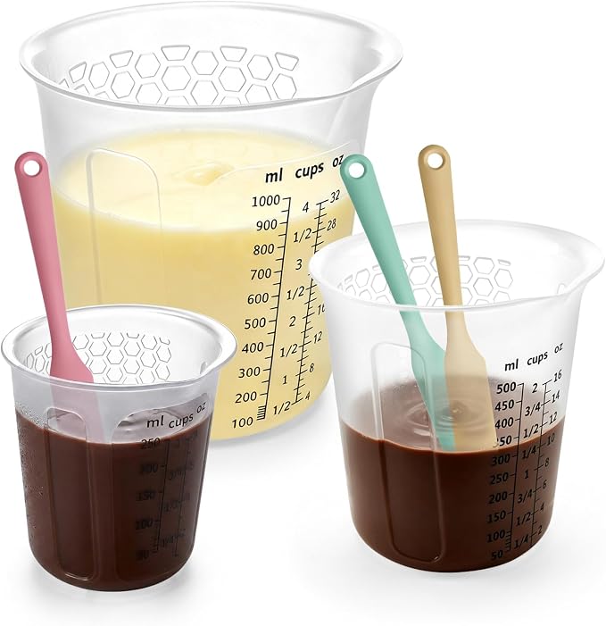 Palksky Silicone Measuring Cups Set 1-Cup & 1-Cup & 2-Cup with 3PCS Jar Spatula, Microwave Safe, Honeycomb Heat-Control Grip, Easy-Read Liquid Measuring for Baking, Cooking & Chocolate Melting