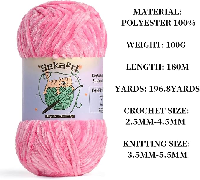 Fuzzy Chenille Yarn for Crocheting,Fluffy Amigurumi Crochet Yarn for DIY Craft/Hat/Shoes,(100 g/197 yds) Soft Velvet Baby Blanket Yarns（Rose）