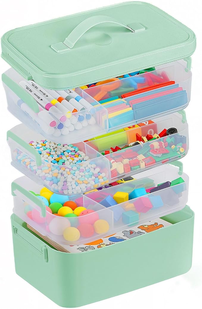 Gifhomfix 4-Layer Plastic Craft Organizers and Storage Box with Removable Trays, Storage Containers with lids and Handle, Art Supply Storage Organizer for Organizing Bead, Sewing, Tool（Green）