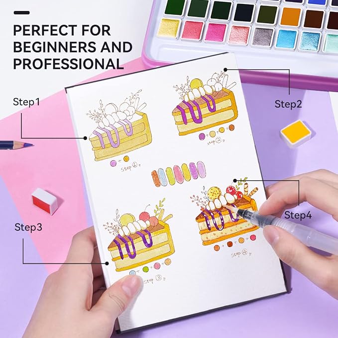 MeiLiang 48 Colors Watercolor Paint Set with Brush | 36 Standard & 12 Glittery Colors, Carrying Box with Metal Ring, Ideal for Beginners, Professionals, and Art Lovers