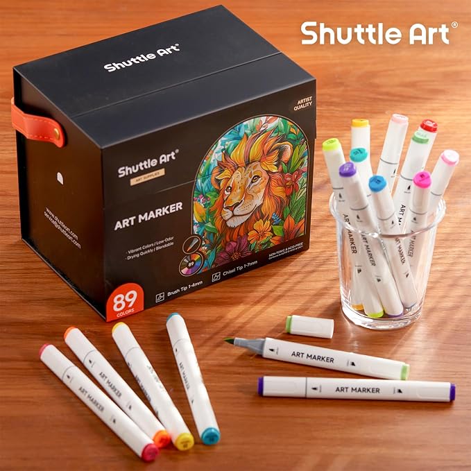Shuttle Art Brush Tip Alcohol Markers, Dual Tip Brush & Chisel Tip Art Marker Set, 89 Colors Marker Pens with Organized Case Perfect for Illustration Kids Students Adults Coloring Sketching