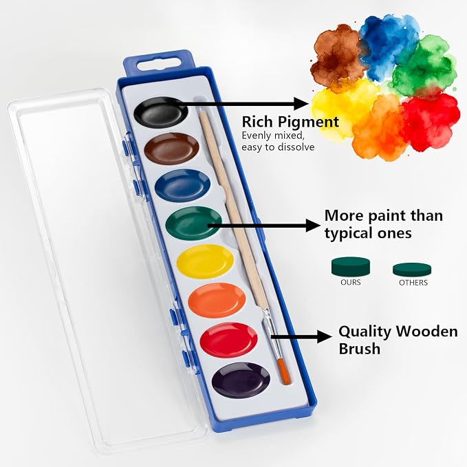 6 Pack Watercolor Paint Set, 8 Colors Water Color Paint Sets for kids | Washable, with Wood Brush, Art Supplies, Non-Toxic, for Classroom, Children, Student, Party Favor, Bulk