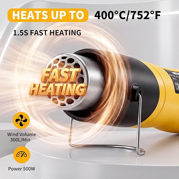 Heat Gun 500W, Handed Hot Air Gun with Nozzle for Crafting and DIY (Yellow)