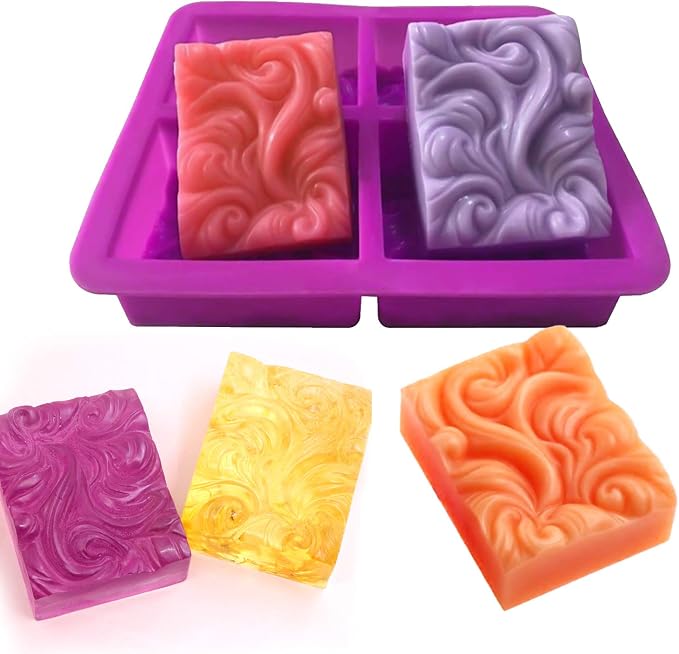 Palksky 2 Pack 4-Cavity Ocean Wave Soap Mold/Silicone Sea Wave Cake Pan for Jelly Pudding Mousse Mould/DIY Handmade Nautical Cloud Swirls Pattern Soap Mold for Goat Milk Soap (3.5 Oz Cavities)