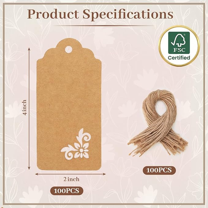 SALLYFASHION 100 PCS Gift Tags, 2X4 inch Kraft Paper Hollow | Stringsfor Wedding Bridal Party Favors Baby Shower