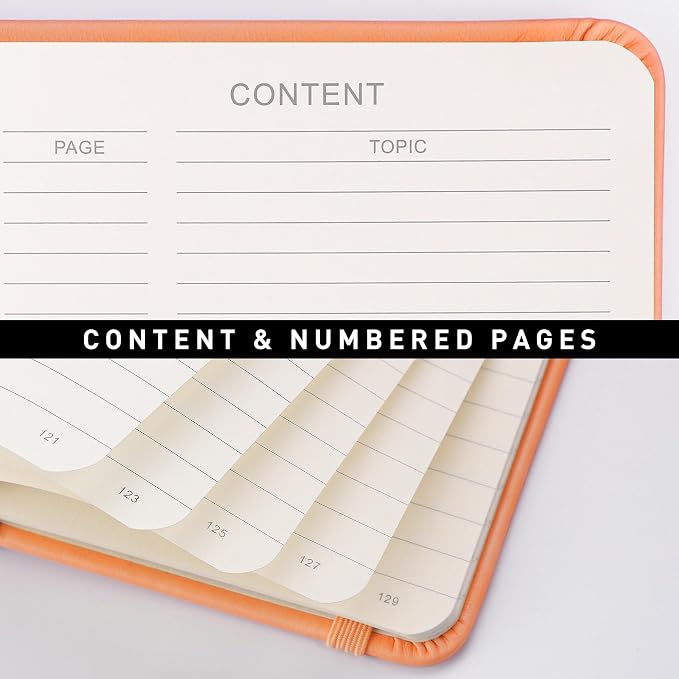 RETTACY Lined Journal Notebook, 192 Numbered Pages, A5 Size (5.7'' x 8.3'') | Leather Hardcover, 100 GSM Thick Paper, for Men & Women, Journaling, Writing, Work & Office (Orange)