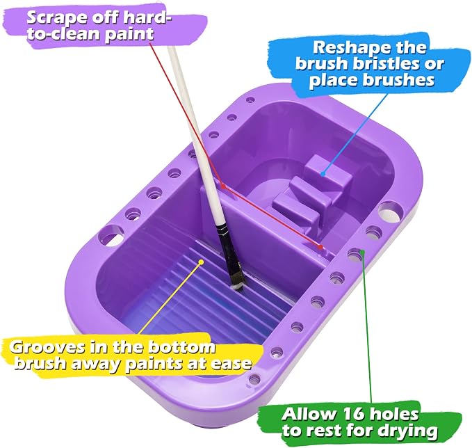 MyLifeUNIT Paint Brush Cleaner, Paint Brush Holder with Palette, Purple | 18 mixing wells, 16 slots fitting 0.24-0.63 in diameters, 3 washing compartments, removable tray lid