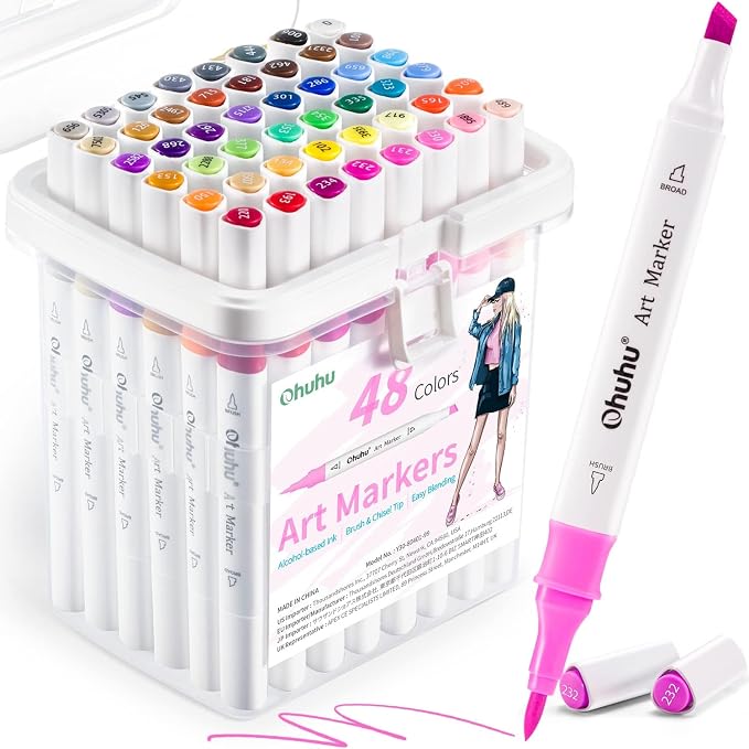 Ohuhu Alcoohol Markers Brush Chisel 48 Colors for Beginner Great Value Pack