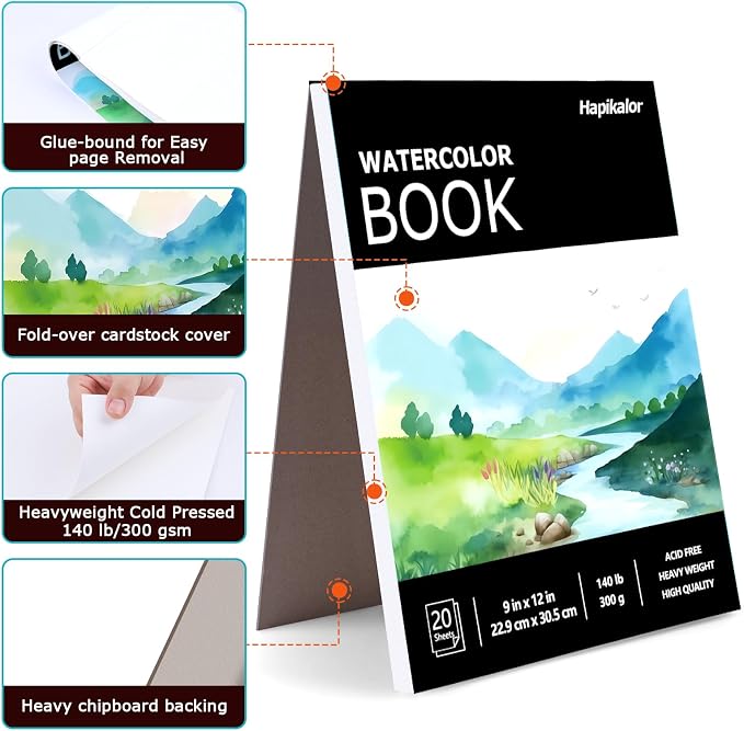 Hapikalor 9"x12" Watercolor Paper, 140lb/300gsm Water Color Paper, Black | Artist Painting Drawing Paper Book, Art Supplies for Adults Kids, Watercolors, Watercolor Paint Set, Sketchbook, Journal