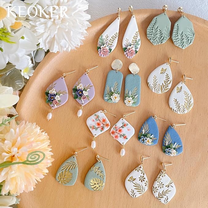 KEOKER Plant Clay Stamps - 10 Shapes for Polymer Clay Jewelry Making, Work with Clay Cutter, Spring Cutter Stamps
