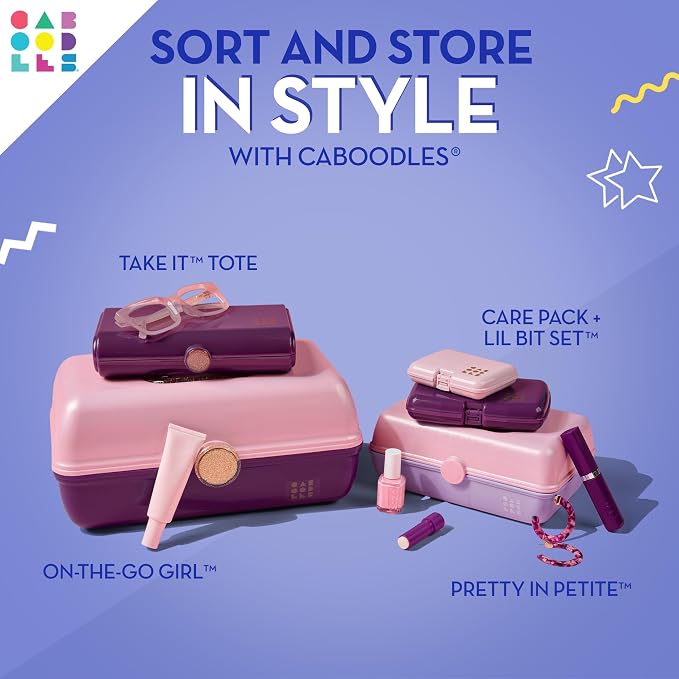 Caboodles On-The-Go Girl Makeup Box, Two-Tone Lilac on Cobalt, Hard Plastic Makeup Organizer Box, Built-In Mirror, Secure Latch for Safe Travel, Spacious Storage for Large Items