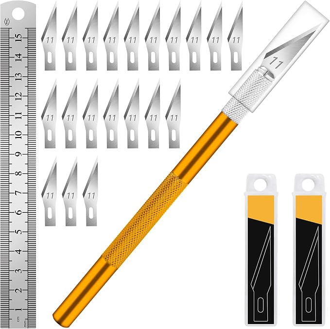 DIYSELF Hobby Knife Kit with 20#11 Blades, Aluminum Handle, 6-Inch Ruler | Hobby Knife Set with 20 #11 Blades, Ruler for DIY, Art & Model Making, Exacto Knife Kit for Crafters & Hobbyists, Gold