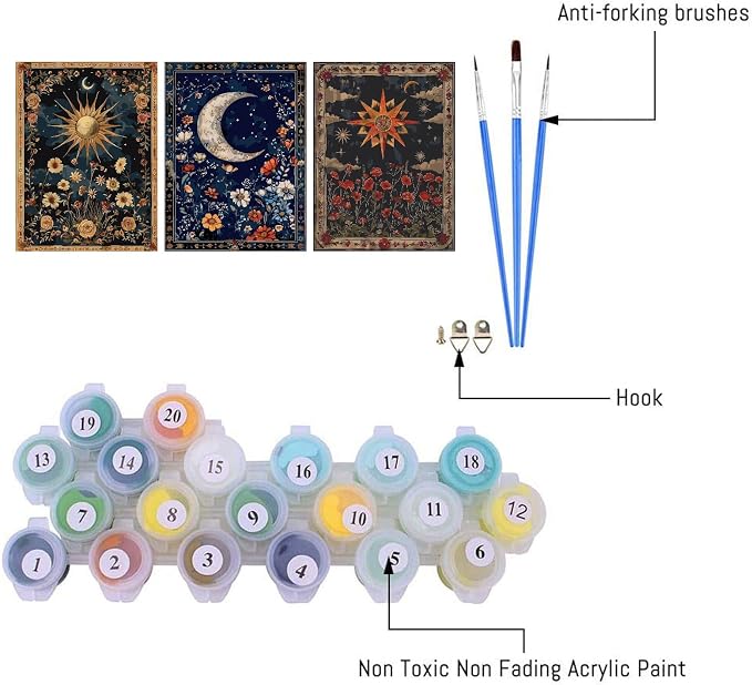 3 pack Sun Moon Stars Paint by Numbers Kit for Adults Beginner 16x12 Inch | Celestial body Easy Adult Paint by Number Kits on Canvas DIY Painting for Beginners Art by Numbers for Home Wall Decor