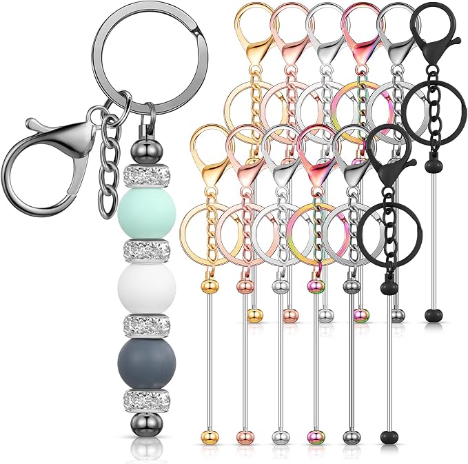 Tondiamo 12 Pcs Beadable Keychains Bars Bulk Blank Beaded Metal Keychain for Craft DIY Gift