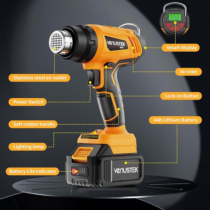Cordless Heat Gun 122℉–1022℉ for Shrink Tubing Vinyl Wrap