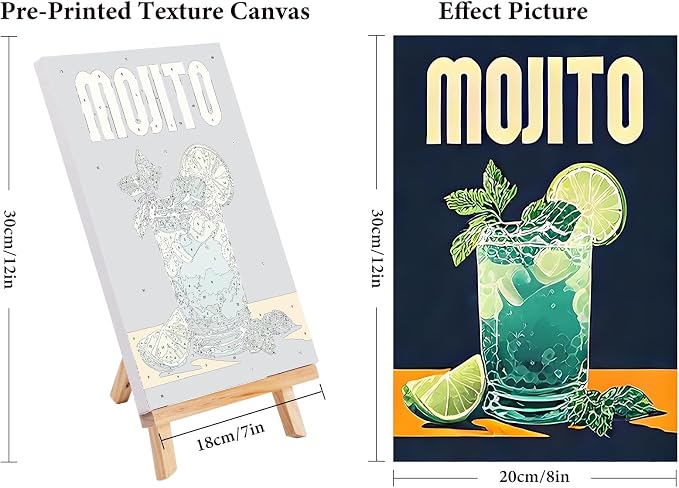 4 Pack Framed Paint by Numbers Kit for Adults Cocktail with Wooden Easel | With Frame Canvas 8x12 IN, For Adults Beginner, DIY Acrylic Painting Retro, Stress Relief Craft Kits, Home Wall Decor Gift