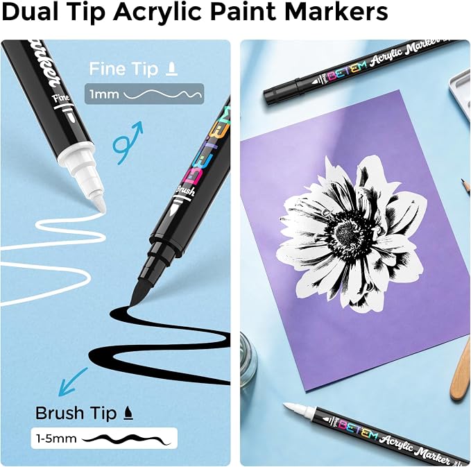 Betem 2 Black & White Paint Markers for Glass, Dual Tip Acrylic Paint Pens | Window, Fabric, Wood, Rock, Canvas, Acrylic Markers with Fine & Brush Tip, Art & Craft Supplies, Wine Glass Markers