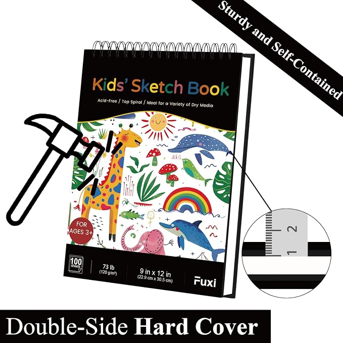 Fuxi Sketch Book for Kids, 9" x 12" Kids Sketch Pad, 100 Sheets_73lb/120gsm | Top Spiral Sketchbook for Kids, Acid-Free Thick White Drawing Paper for Kids, Craft Activities, Art Supplies for Kids 9-12