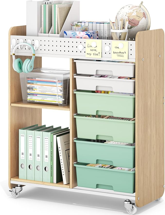 Rolling Craft Cart with 6 Drawers, Pegboard and Locking Wheels Green