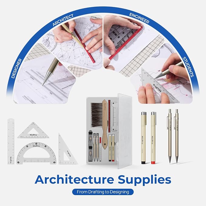 Nicpro 21PCS Professional Drafting Tools & Geometry Set with Case | Architect Compass & Protractor Set, Metal Pencils Pens, Scale Metal Ruler, 5 Drawing Templates for Interior House Plan Design